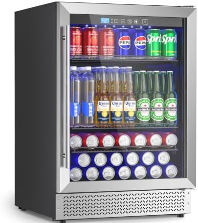 24 Inch Beverage Refrigerator, 180 Cans Under Counter Refrigerator with Glass Door Built-in or Freestanding, Drink Fridge for Soda Beer Wine-Kitchen Bar Office by Vushine