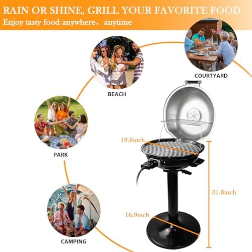 Electric Grill, Techwood Indoor/Outdoor Electric BBQ Grill, 1600W Portable Removable Stand Grill with Adjustable Heat & Drip Tray, Double Layer Design for Party, Patio & Backyard, Dust Cover(Silver) - Image 5