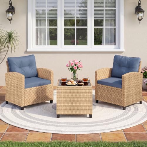 Tangkula 3 Pieces Patio Furniture Set, PE Rattan Wicker 3 Pcs Outdoor Sofa Set w/Washable Cushion and Tempered Glass Tabletop, Conversation Furniture for Garden Poolside Balcony - Image 2