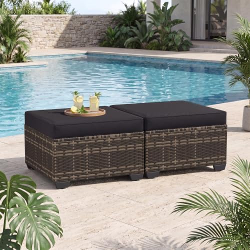 Aoxun 2 Piece Patio Sofa Ottomans with 4" Thick Cushions, Wicker Outdoor Couch Extension Set, All-Weather Rattan Seating Accessory for Backyard Furniture, Black by Aoxun