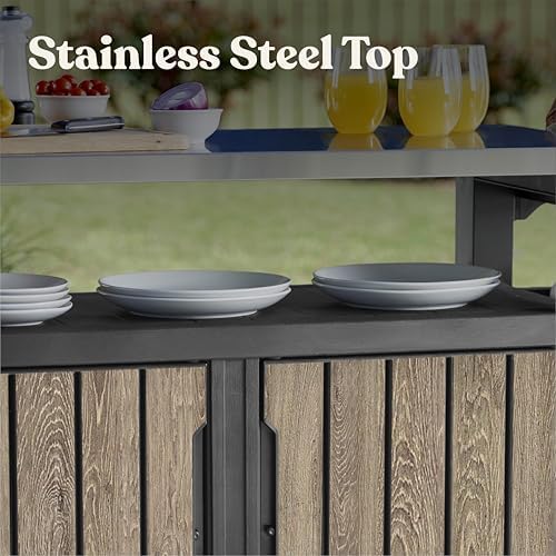 Keter Unity XL Outdoor Entertainment Cart with Wood‑Look Finish, 78‑Gallon Patio Storage Cabinet, Food Prep Station, Stainless‑Steel Top for BBQ, Grill, Patio, Deck & Backyard, Ashwood - Image 5