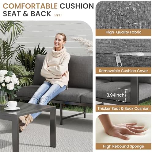 Aluminum Outdoor Patio Furniture Sets All-Weather Patio Conversation Set Sectional Sofa with Coffee Table & Cushions w/Removable Covers for for Deck Backyard Garden Poolside Balcony Porch - Image 3