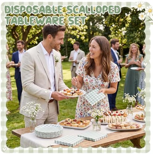 Roshtia 120 Pcs Sage Green Gingham Plates and Napkins Set, Boho Baby Shower - Image 4