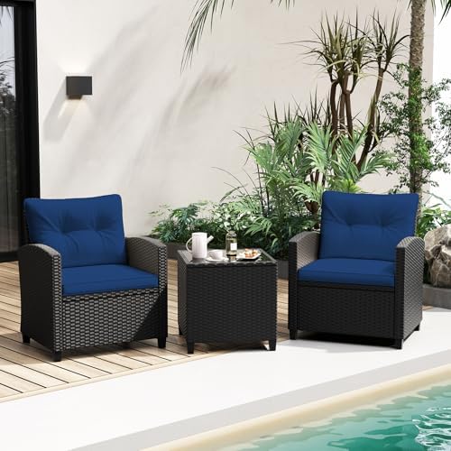 RELAX4LIFE 3-Piece Patio Furniture Set - Wicker Rattan Bistro Sofa w/Glass Top Coffee Table, Washable Cushions for Porch Balcony Backyard Poolside, Outdoor Conversation Set (Navy) by RELAX4LIFE