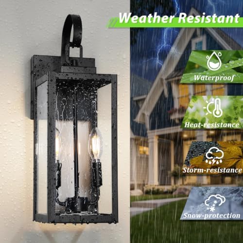 BesLowe 18" Large Outdoor Wall Light, 2-Light Black Exterior Sconce - Image 2