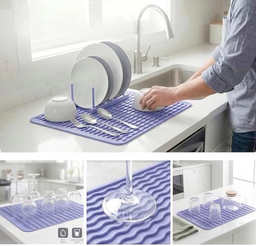 MicoYang Silicone Dish Drying Mat — Quick-Dry Ridges Counter & Sink Pad, Heat-Resistant Trivet to 450°F, Non-Slip & Dishwasher Safe, Roll-Up Storage, 18 Colors & 9 Sizes (Light Purple, 16"×12") - Image 4