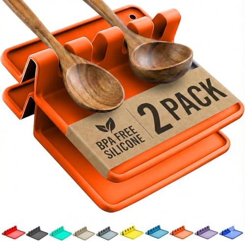 2 Pack Orange Silicone Spoon Rest for Stove Top, Spoon Holder for Stove by CoolerKitchen