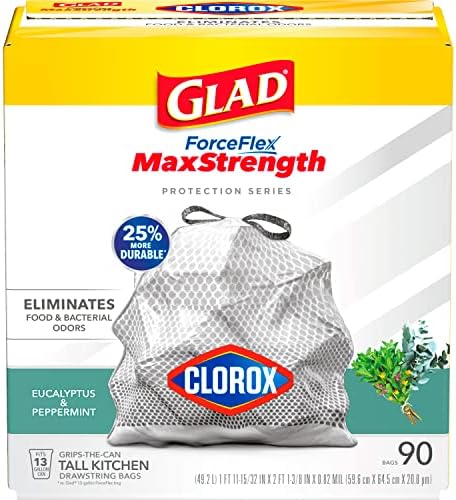 Glad Tall Kitchen Trash Bags 13 Gallon, MaxStrength Eucalyptus and Peppermint Garbage Bags, Drawstring, 90 Count by GladTrashFoodStorage