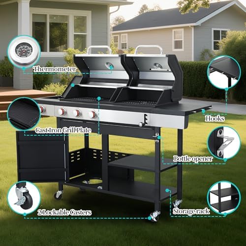 Propane Gas & Charcoal 3-Burner Combo Grill w/Side Burner - Image 6
