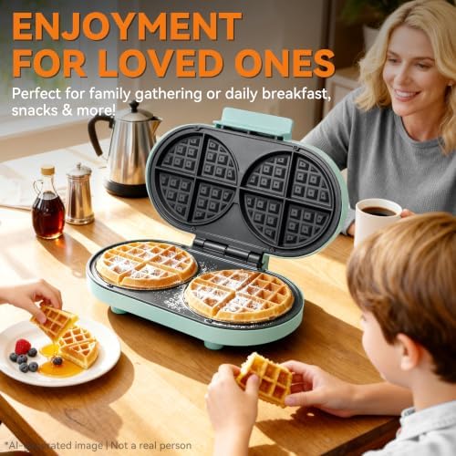 Baker’s Friend Double Belgian Waffle Maker Thick, 2 X 6” Round Waffle Maker, Belgium Waffle Iron, Waflera Electrica with Non-stick Plates, 1200W, Perfect for Kids & Family Breakfast, Aqua - Image 3