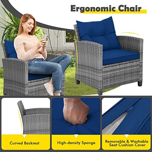 Tangkula 3 Pieces Patio Furniture Set, Outdoor PE Rattan Conversation Chair Set with Tempered Glass Side Table and Removable Cushions, PE Wicker Chairs and Table Set for Porch, Balcony and Garden - Image 6