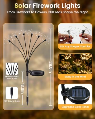 OZS 6 Pack Solar Firework Lights Outdoor, 360LED Solar Garden Lights - Image 5