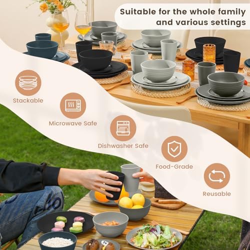 Homienly Premium 40 PCS Wheat Straw Dinnerware Set - Dinner Plates, Cereal Bowls, Unbreakable Cups Set, Microwave and Dishwasher Safe Dishes Set, Reusable Lightweight Dish Sets for Kitchen(Black Grey) - Image 6