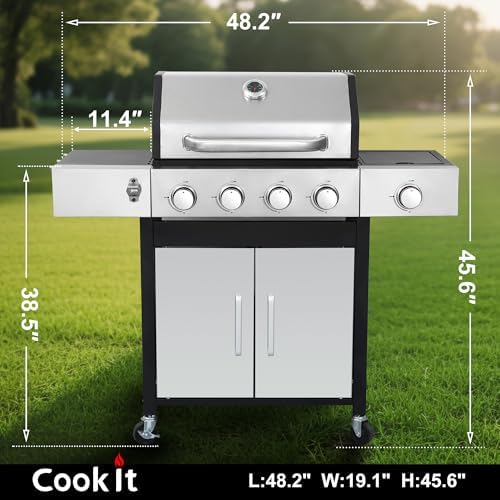 49000 BTU Propane Gas Grill, 4 Burner + Side Burner, Cast Iron Grids - Image 2