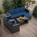 Patio Furniture Set, 7PCS Outdoor Sectional with Ottoman Wicker Rattan Patio Couch with Thickened Cushion Modular Wicker Patio Conversation Set with Glass Top Table for Balcony, Backyard (Dark Blue) by PHONJOROO