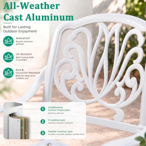 VIVIJASON 5-Piece Outdoor Patio Dining Set, All-Weather Cast Aluminum Conversation Set, Patio White Furniture Set, Include 4 Cushioned Chairs, 38.5" Round Table w/Umbrella Hole (White/Green Cushion) - Image 4