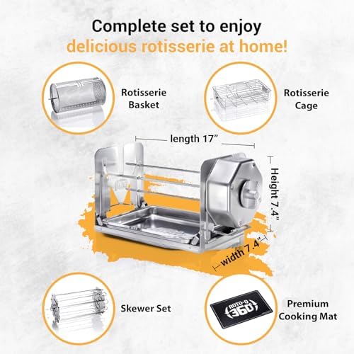 ROTO-Q 360 Family Rotisserie Kit – Non-Electric Wind-Up Spit Roaster with Tumble Basket, Flat Cage, Skewer Set & Mat for Grill, Oven, Smoker, Portable BBQ Cooking, Tailgating, or Camping Use - Image 2