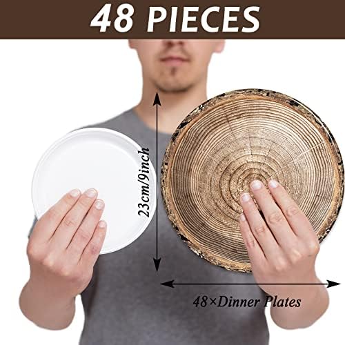 Wiooffen 48pcs Rustic Wooden Tree Party Supplies 9" Paper Plates Set Lumberjack Theme Tableware Pack Camping Hunting Party Dessert Plates Rustic Wooden Birthday Holidays Decorations - Image 2