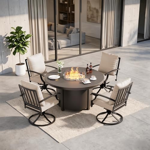 5 Pieces Outdoor Patio Furniture Set with 48" 55000 BTU Round Propane Fire Pit Table,Patio Dining Set Outdoor Conversation Sets 4 Swivel Chairs for Deck,Backyard and Garden,Brown by RTDTD