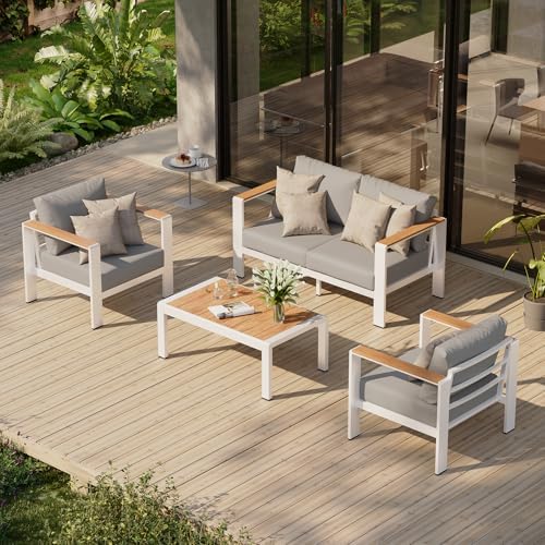 Aluminum Outdoor Patio Furniture Set with Coffee Table, 4 Piece Patio Conversation Sets with Washable Thick Cushions, Patio Sectional Furniture Set for Porch, Balcony, Deck, Yard, White by Oasbira