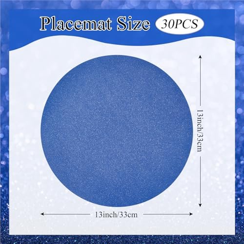 30 PCS Blue Paper Round Placemats Glitter Disposable Placemats Paper Charger Tablemats for Blue Birthday July 4th Wedding Bachelorette Beach Party Dinner Table Decor (13x13inch) - Image 2