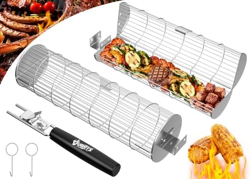 Rolling Grill Baskets for Outdoor Grill, Removable Wooden Handle, 2PCS by OUBRTS