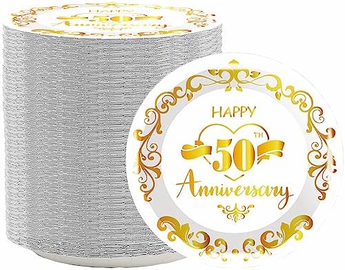80Pcs 50th Anniversary Paper Plates Golden Wedding Celebration Party Supplies 7" Dessert Plates, for Fifty Anniversary Party Decoration by GOGUOGOFA