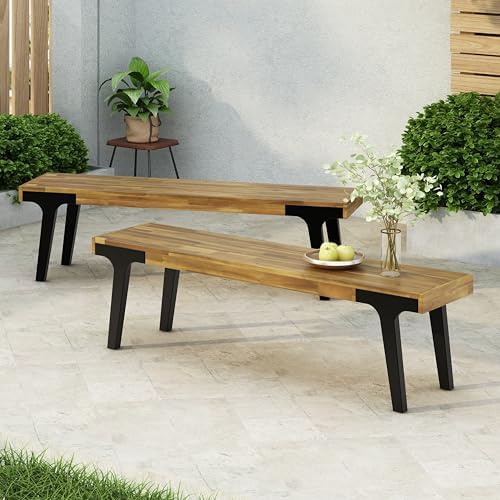 69'' Outdoor Patio Dining Table & 2 Bench for 4, Acacia Wood Farmhouse Dining Table Set Outdoor & Indoor Furniture for Patio Porch Garden, 3-Pcs, Light Teak - Image 7