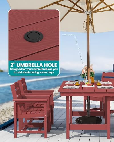 SERWALL 7 Pcs Outdoor Dining Set, 67" HDPE Dining Set for 6, Red - Image 2