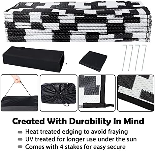 SAND MINE Waterproof Outdoor Rug 9x18 ft, Plastic Straw Rug, Modern Area Rug, Large Floor Mat, RV, Patio, Backyard, Deck, Picnic, Beach, Trailer, Camping (9' x 18', Black & White Lattice) - Image 4