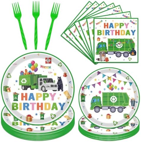 Trash Truck Birthday Party Decorations, 96PCS Garbage Truck Bday Disposable Paper Plates and Napkins Tableware Decoration, Cartoon Garbage Truck Forks Decor Supplies Serve 24 Guest by Deorfuy