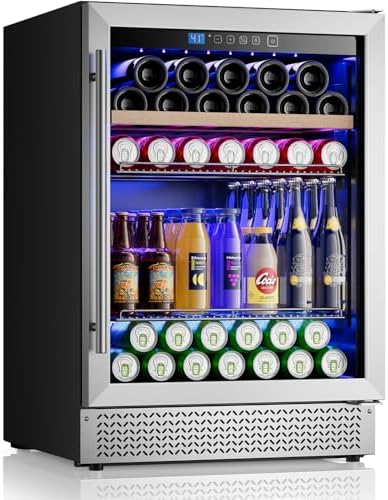 24 Inch Beverage Refrigerator, 15 Bottles & 118 Cans Wine and Beverage Refrigerator with Glass Door Built-in or Freestanding, Under Counter Refrigerator for Soda Beer Wine-Kitchen Bar Office by Vushine