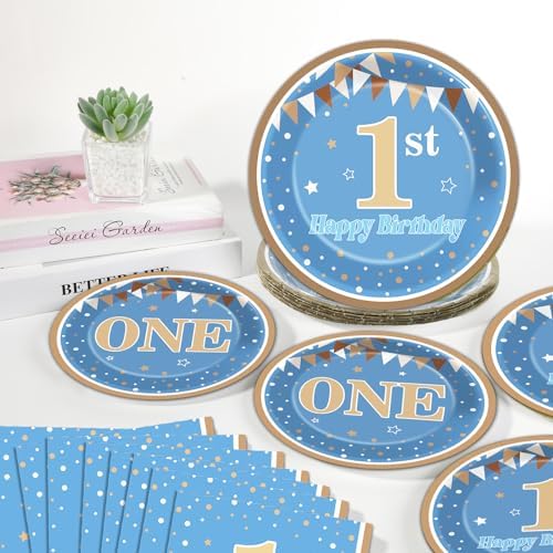 96PCS Baby Boy First Birthday Party Paper Plates and Napkins Blue and Brown 1st Birthday Disposable Plates 1st Blue Dinnerware Set for Boys One Year Old Baby Shower Birthday Gatherings Decorations - Image 5