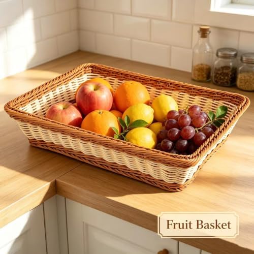 RT&BS 2pcs Wicker Bread Basket for Serving, Wicker Fruit Basket, Display Baskets for Vegetable Fruit, Reusable Handwoven Serving Baskets for Kitchen, Store, Restaurant, Outdoor (Bicolor, S) - Image 5