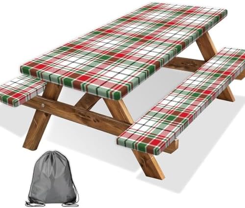 Red Green White Plaid Picnic Table Cover with Bench Covers and Bag, Camping Essentials, Water Resistant Windproof, Fitted Tablecloth Cover with Elastic Edge, for Indoor & Outdoor 3 PCS, 30x60 Inch by Xguatan