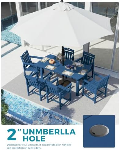 Ciokea HDPE Outdoor Dining Set of 6, Patio Table and Chairs Sets, Navy Blue - Image 4
