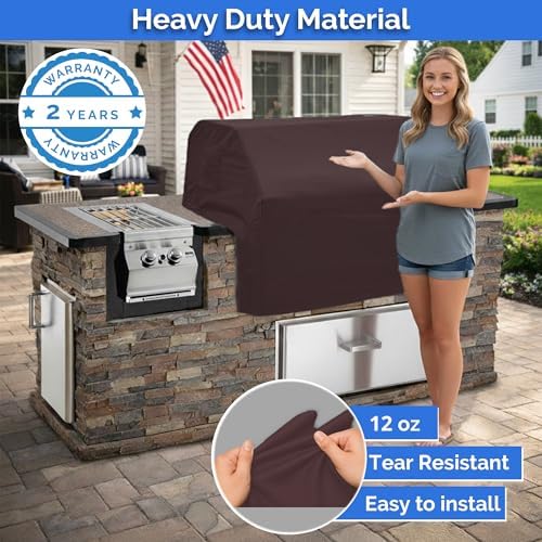 Covers & All Built-in Grill Cover for Outdoor Grill – Heavy Duty 12 oz Waterproof Built-in BBQ Grill Cover, PVC-Coated Polyester with Elastic Hem for Snug Fit (42 x 28 x 14 inches, Coffee) - Image 5