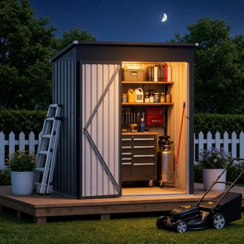 5 x 3 FT Outdoor Storage Shed, Waterproof Metal Garden Tool Shed with Sloped Roof, Magnetic Light, Lockable Door & Air Vents for Backyard Patio Lawn, Dark Gray by Unknown