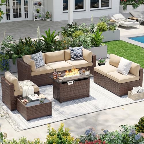 Aoxun Patio Furniture Sets, 8-Piece Outdoor Patio Furniture with 44'' Propane Gas Firepit Table, Wicker Outdoor Conversation Set Sectional Sofa for Backyard, Poolside, Garden (Black Cushion) by Aoxun