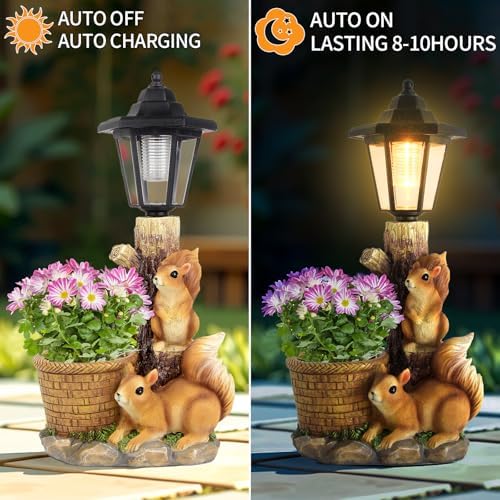 Solar Squirrels Outdoor Statues, Garden Sculpture with Flowerpot & Lantern - Image 4