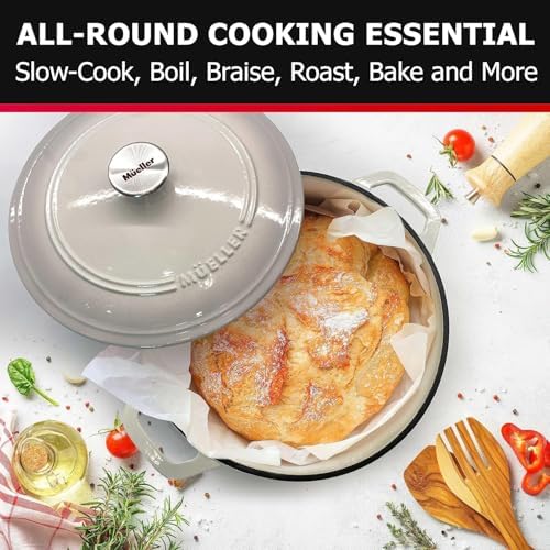MUELLER HOME 4.5 QT Enameled Cast Iron Dutch Oven, Heavy-Duty Casserole Dish and Braiser Pan with Lid and Stainless Knob, Oven-Safe up to 500° F & Across All Cooktops, Oyster White - Image 6