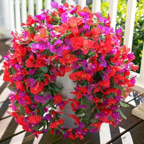 Faux Bougainvillea Artificial Flowers Plants for Outdoors Outside Decoration, 2pcs Fake Flowers Silk Long Trailing Vines UV Resistant Realistic for Front Door Porch Planter Urn Patio Balcony Yard, Mix - Image 2