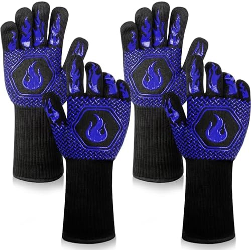 BBQ Gloves 1472F Heat Resistant Non-Slip Silicone 2 Pairs (Blue) by DKHDBD