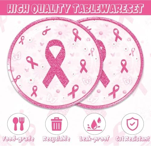 48Pcs Breast Cancer Party Decorations Include Plates Napkins Guests Cancer Free Party Decorations Serve 24 Guests Breast Cancer Party Supplies - Image 2