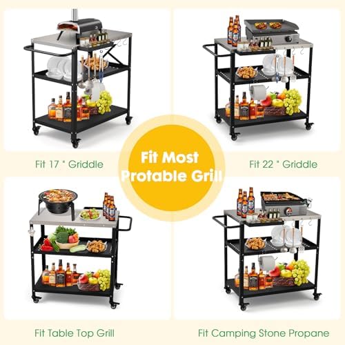 Outdoor Grill Cart Table, Pizza Oven Stand with Casters, Silver - Image 7