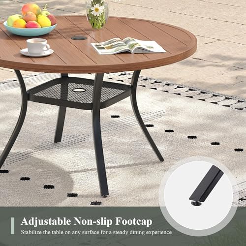 Outdoor Dining Table with Adjustable Umbrella Hole, 40.6" All-Weather Round Patio Dining Table for 4, Metal Patio Table with Storage Shelf for Garden Lawn Porch Deck Yard, Walnut - Image 6