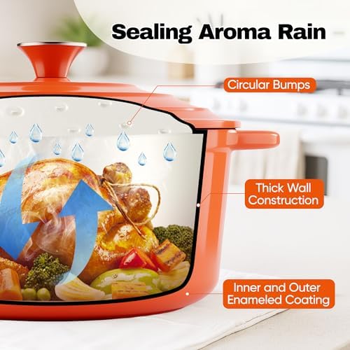 6.5 Quart Dutch Oven Pot with Lid, Non Stick Enameled Cast Iron Dutch Oven for Bread Baking, Heavy-Duty, Oven Safe Ceramic Cookware Up to 500°F for Baking, Braising, Stews, Roasting, Orange - Image 6