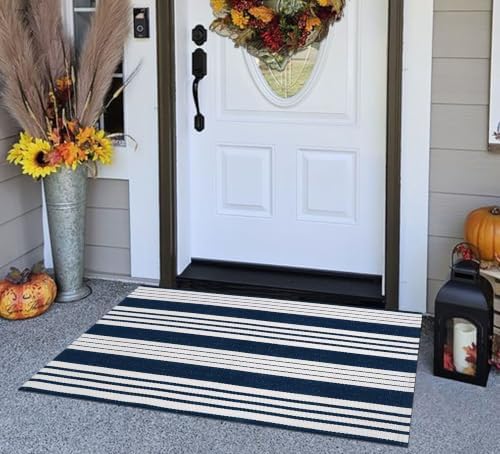 Blue and White Layered Doormat 27.5"x43.3"Cotton Door Mat Outdoor Porch Rug - Image 7