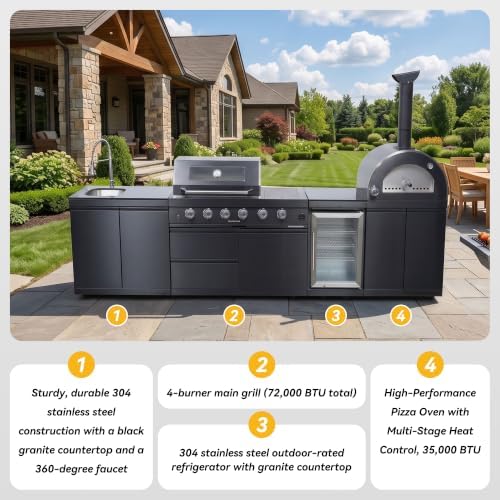 125'' LPG Outdoor Kitchen Island with Grill & Pizza Oven, 4 Burners, Black - Image 6
