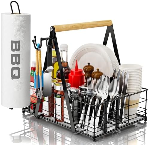 Grill Caddy with Paper Towel Holder, Picnic BBQ Condiment Utensil Organizer Caddy for Rv, Camping Accessories, Camping Essential, Camper Must Haves, Barbecue Tool Sets by GUIBUKEYAN